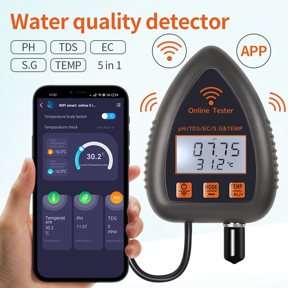 Ph Meter Digital Water Tester - Tuya WiFi 5 en 1 TDS/EC/sel/S.G./température